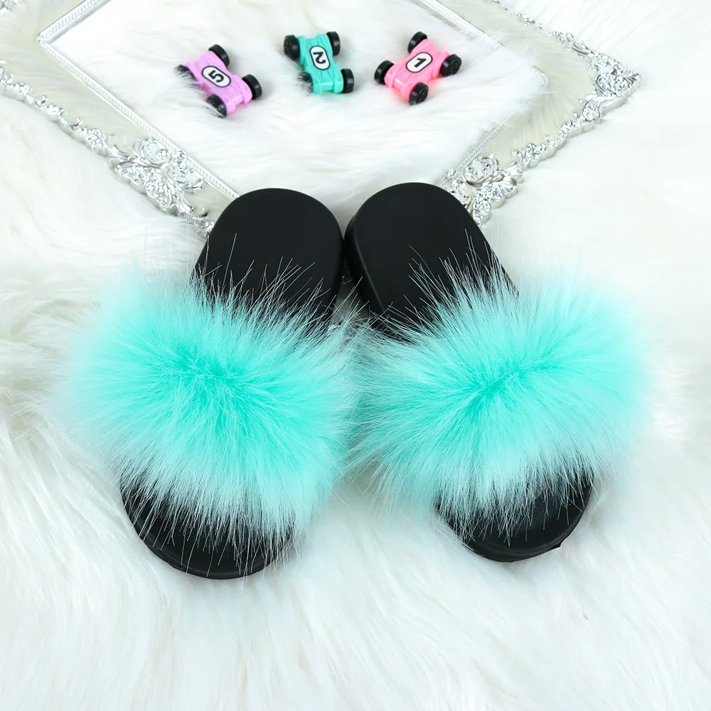  New popular style children fox fur slipper wholesale kids baby slides flops