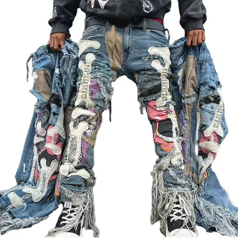 DIZNEW Custom designer streetwear skinny denim jeans men damage blue applique print jeans pants for men
