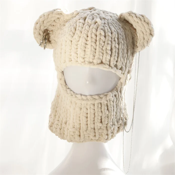 SZ815 Funny Hooded Beanie Mask Halloween Party Hat Masquerade Hat Scarf Halloween One Hole Balaclava with Bear Ear