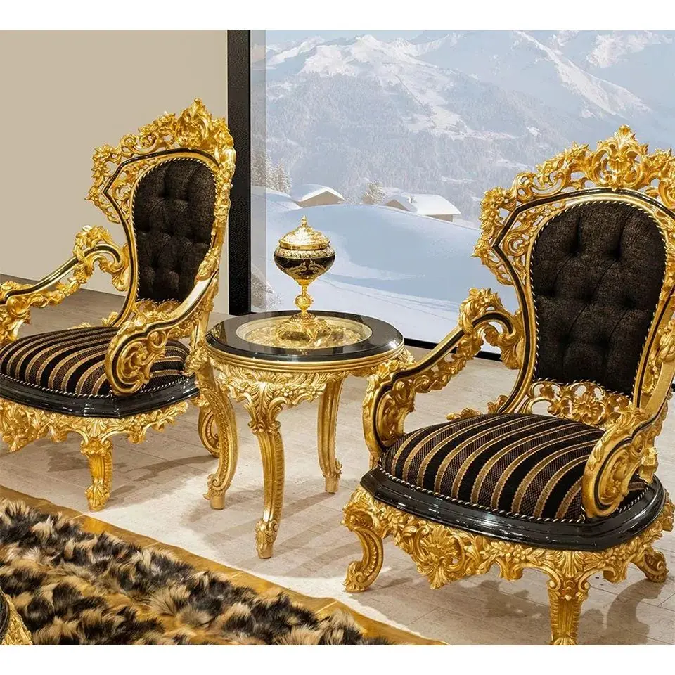 Turkish Luxury Antique Traditional Black Gold African Classical Baroque Royal Hand Carved Sofa Set Living Room Furniture Set