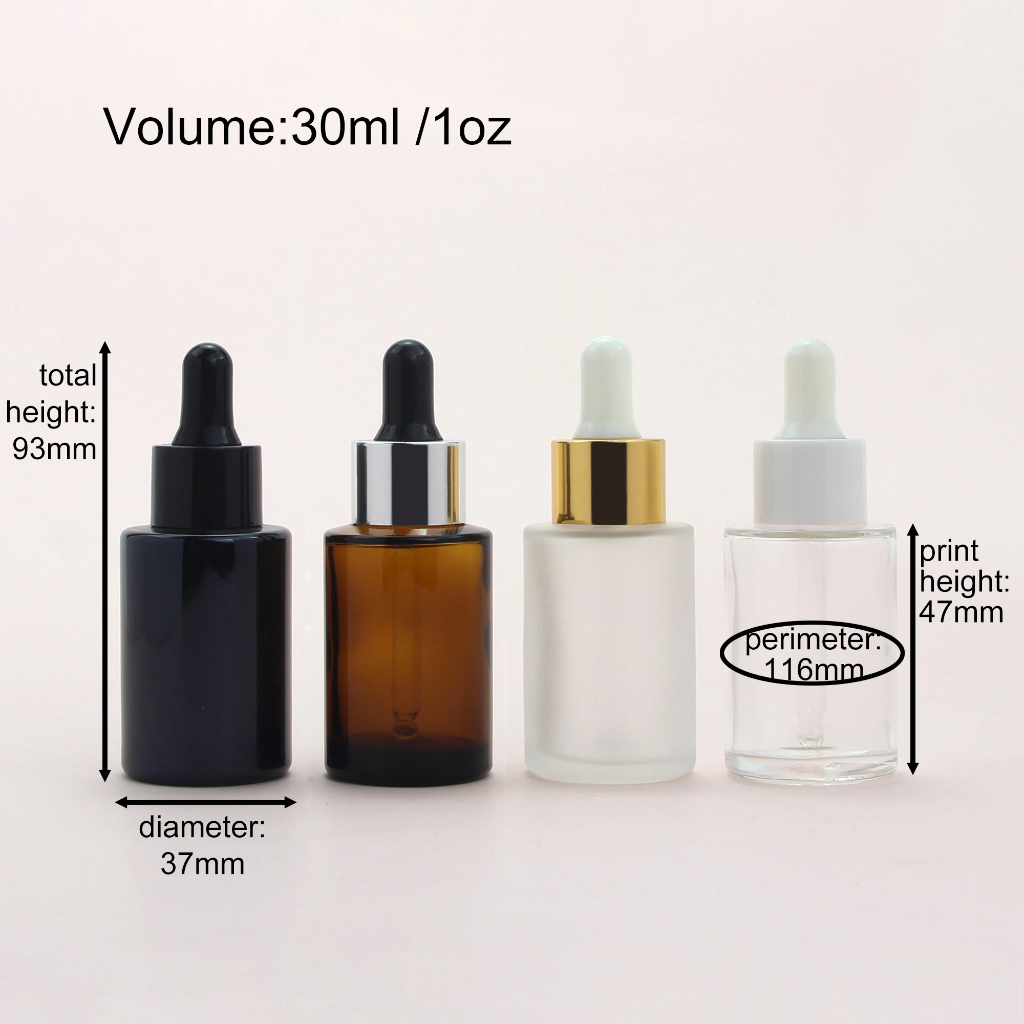 Wholesale 30ml 1oz Face Serum Oil Bottles Clear Frosted Amber Black Flat Shoulder Glass Dropper Bottle
