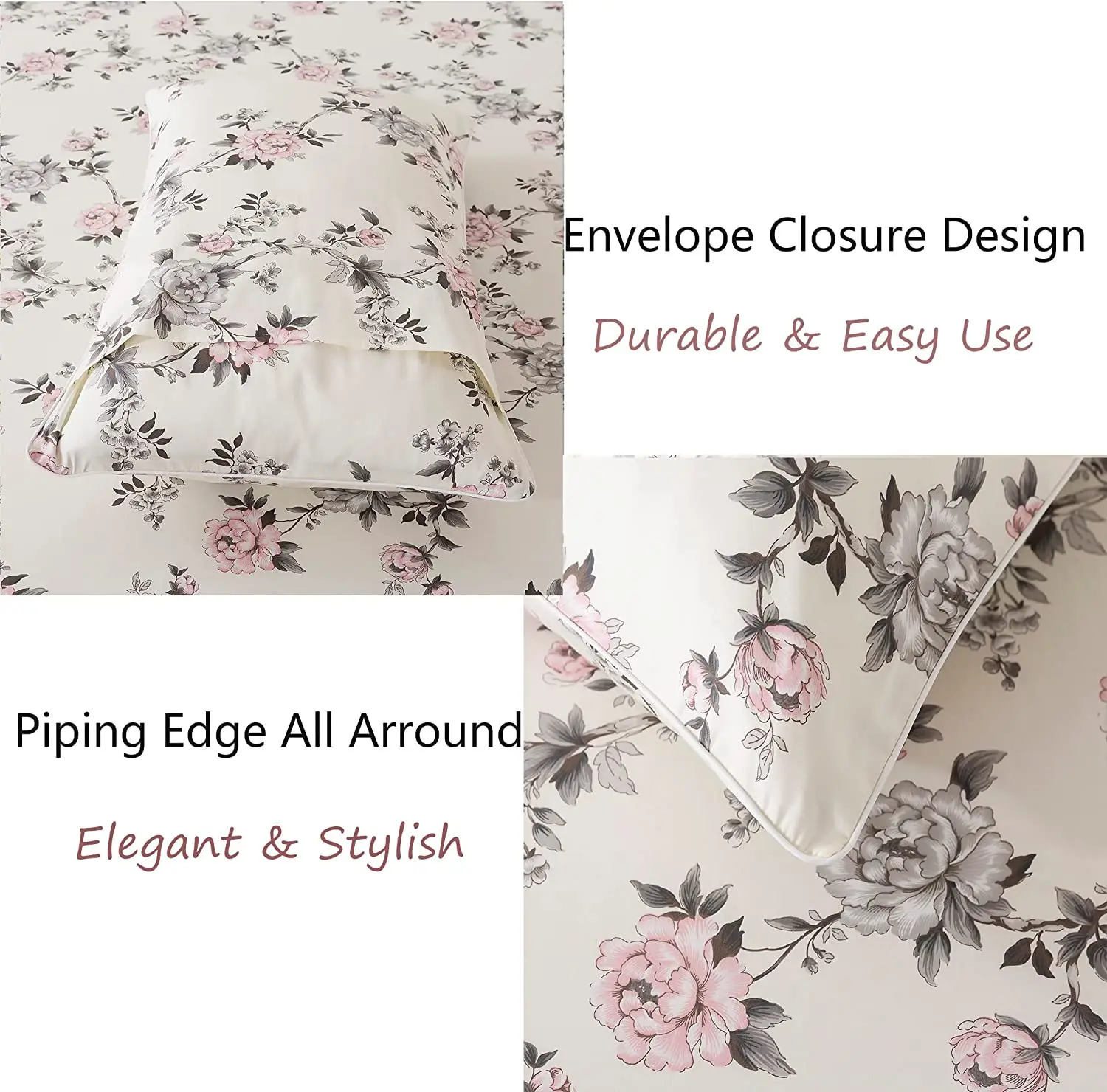 Egyptian Cotton Bedding Sets Luxury Bed Sheets Rose Floral Bedding Shabby Grey and Pink Peony Printed