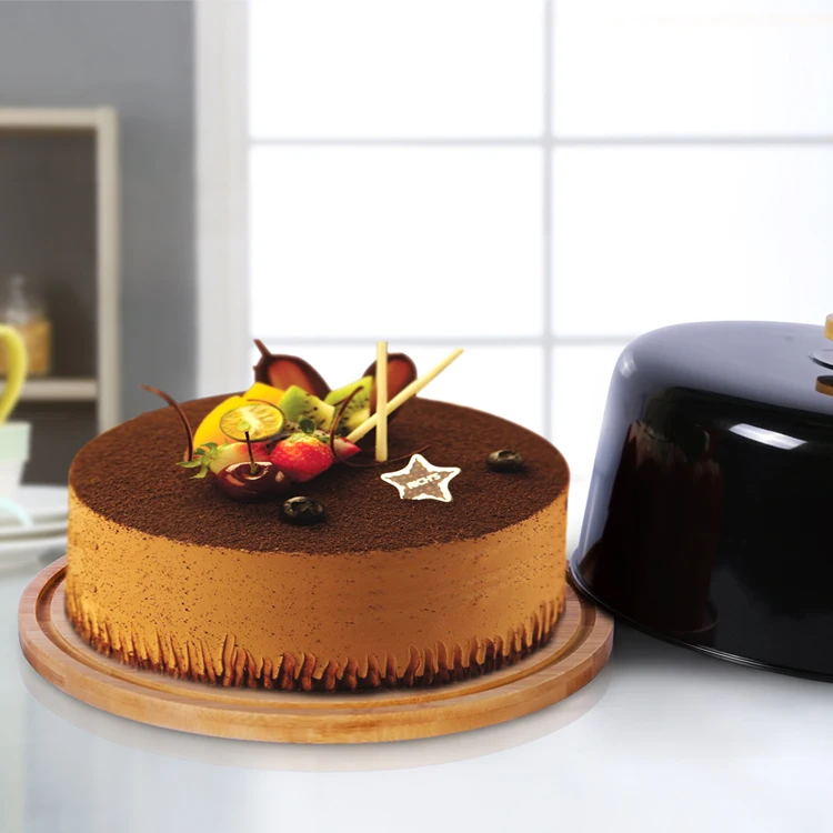Decorative Bamboo Clear Cake Stand Cupcakes Server with Plastic Dome Cover