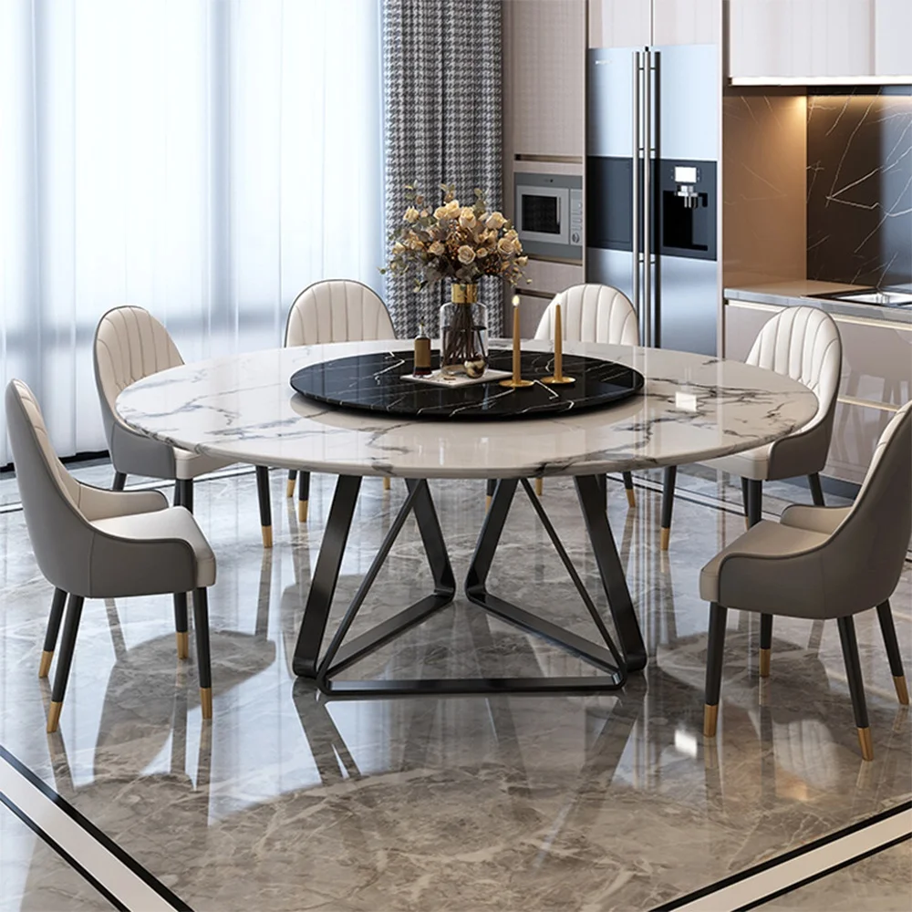 Italian light luxury slate carbon steel round marble dining table and chair set 1.8m dining table for restaurant furniture
