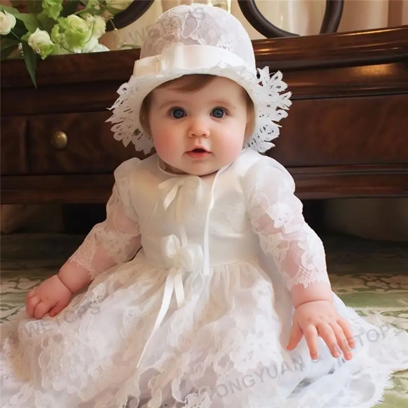 Wholesale Newborn Baby White Baptism Dress Wedding Party Long Sleeve Lace Dresses Toddler Girls Christening Gown With Hat
