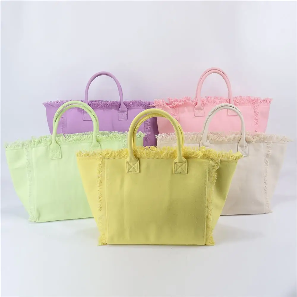 Keymay 3 Days Fast Shipping High Quality Gold Zipper Women Canvas Travel Bag Summer Beach Tote Bag Tassel Fringe Canvas Bag