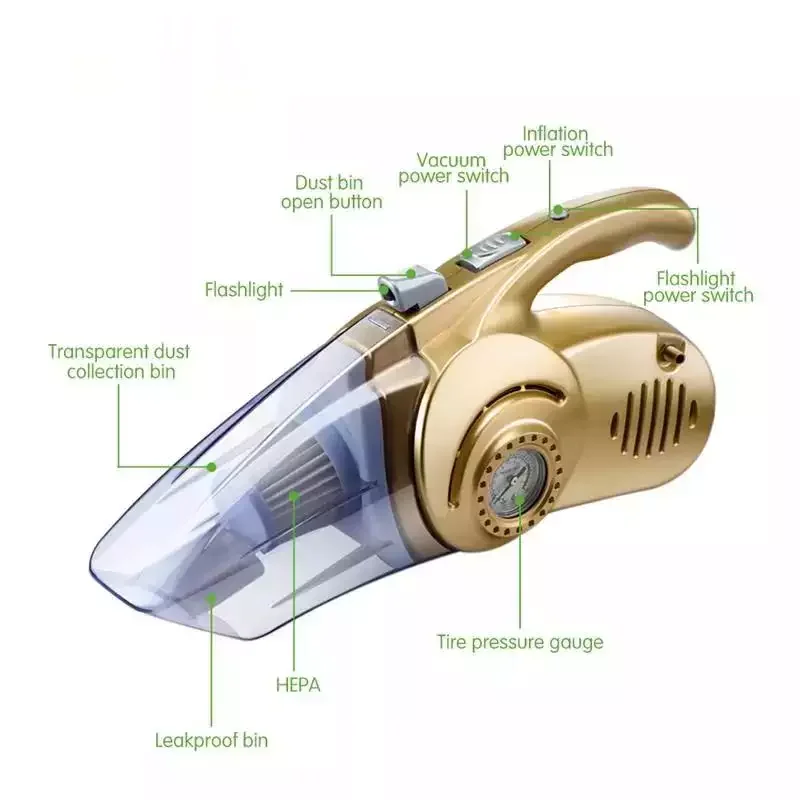 Handheld Car Vacuum Cleaner,Inflator,Tire Pressure Gauge,Etc. 4 In 1 Car Air Compressor