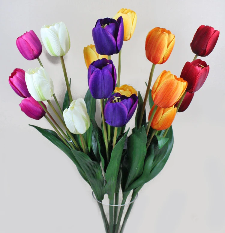 Qihao Lifelike 3 Heads Silk Artificial Tulips Flowers with PU Real Touch Leaf for Home Office Wedding Decoration