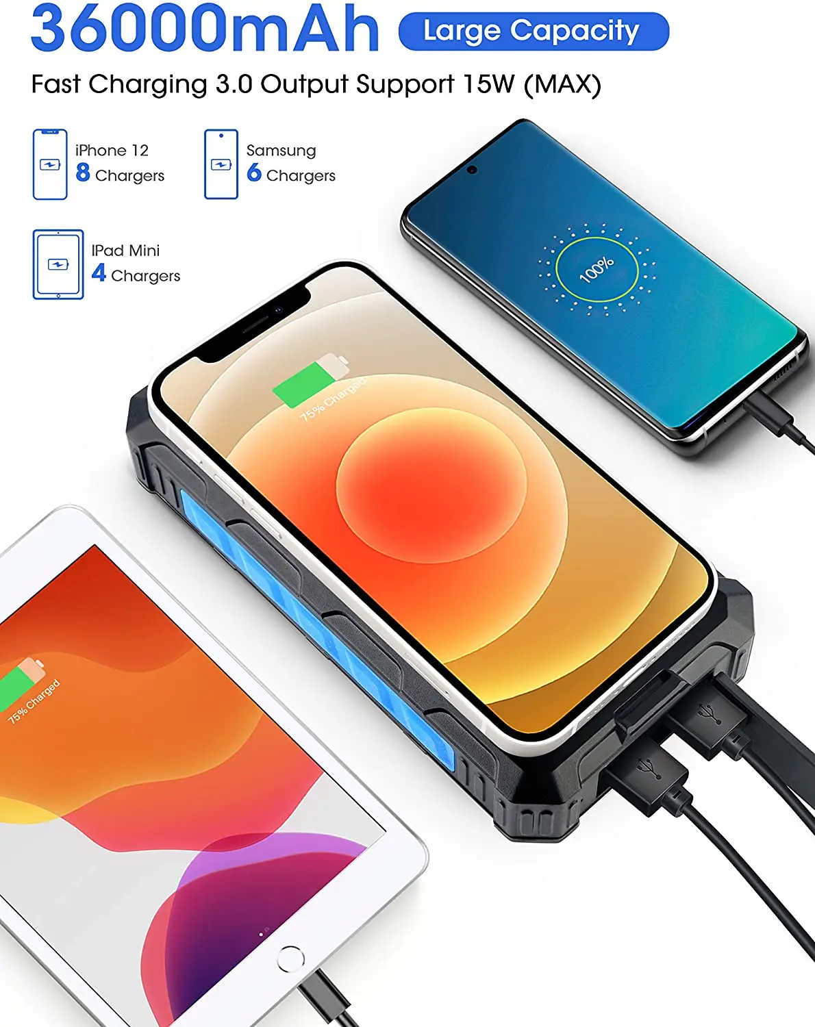 3USB 30000Mah Waterproof Solar Charger Solar panel External Battery Pack Solar Power Bank