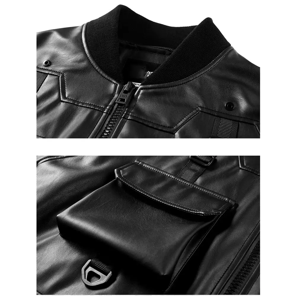 cropped oversized black leather custom varsity jacket Multi Pockets Jacket PU Leather Zipper stylish leather jacket for men
