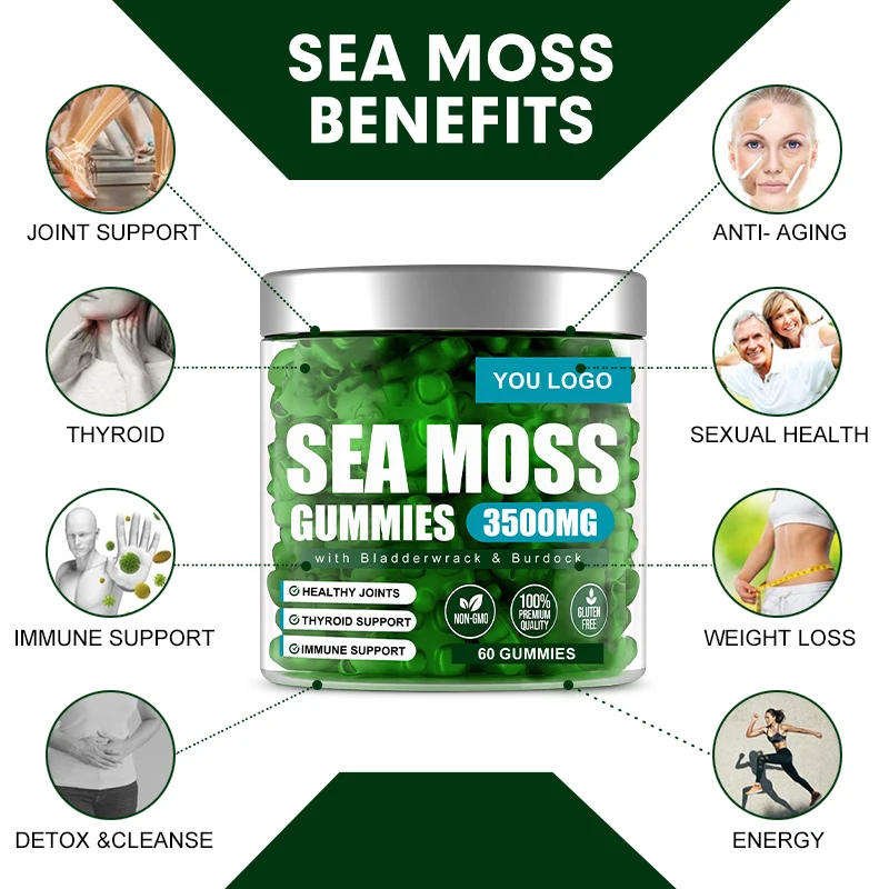Private Label 60pc Vegan Organic Vitamin Minerals Detox Improve Immune Energy Seamoss Sea Moss Gummies