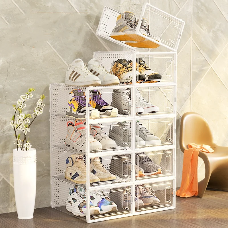 Wholesale Foldable Sneaker Storage Box Acrylic Drawer Type with Drop Front Magnetic PP Plastic Metal and Paper Material