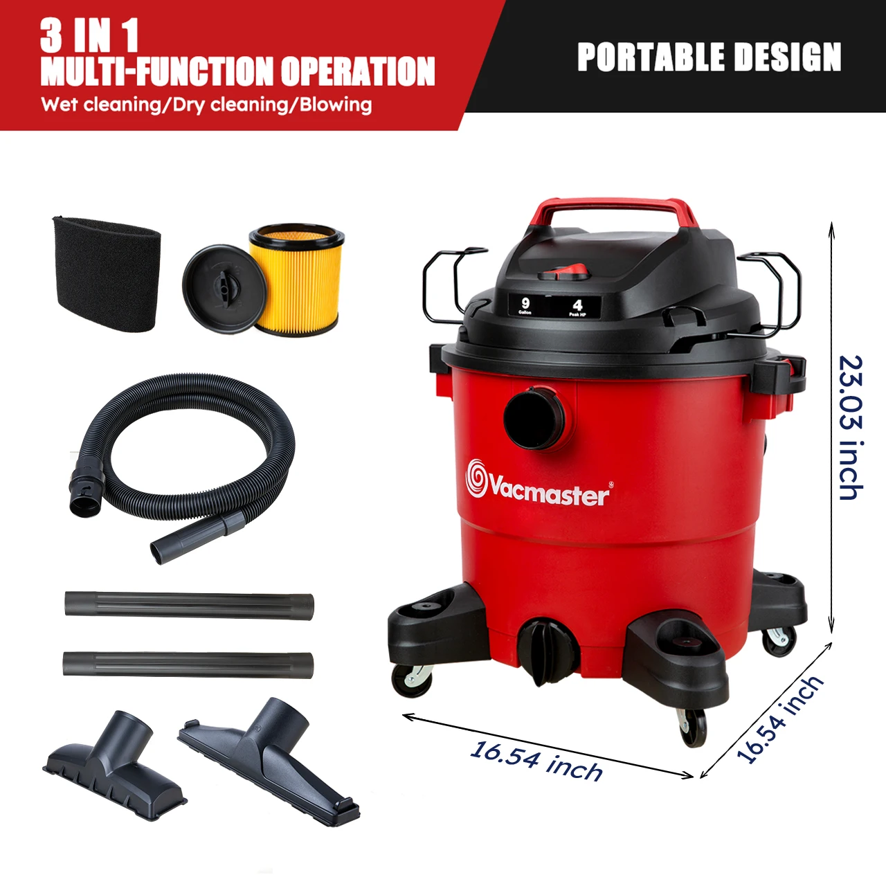  Пылесос Vacmaster Red Edition для сухой и влажной уборки 9 галлонов 4 пика HP 1-1/2 дюйма VJF910PF