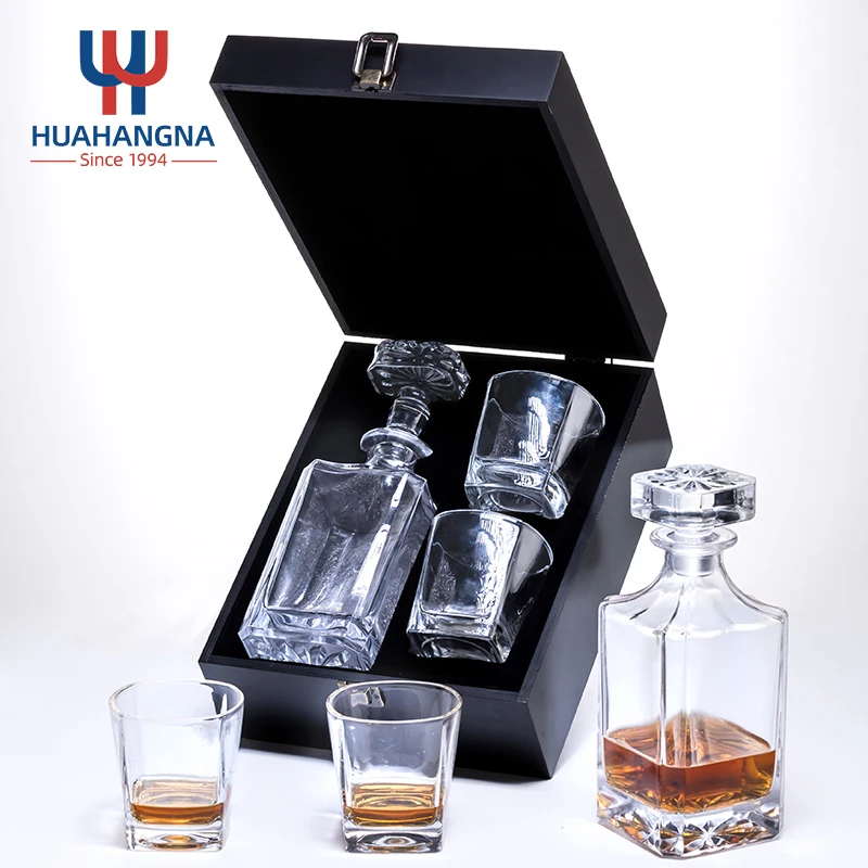 Customized Color Personalized Bourbon Liquor Decanter Set and 2 Square Whiskey Drinking Glasses in Black Wood Gift Box