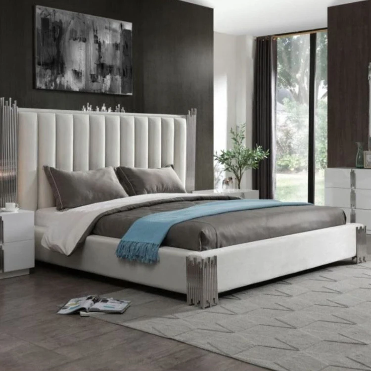 Up-Holstered Velvet Fabric Queen king Size Gold Silver Stainless Steel Bedroom Beds with Storage Space and Slatted Frame