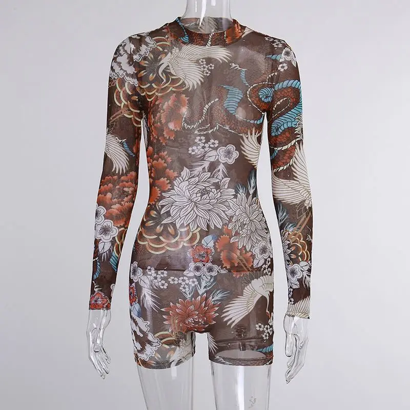 
X00119D printed cuff with brown temperament long sleeves jumpsuit 