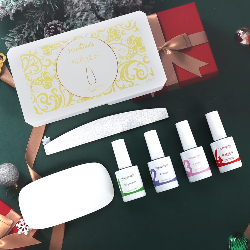 Red Packing Christmas Top Coat Gel Tips Kit with Mini UV Lamp Private Label Manicure Tools Set Nail Gel Gift Set Design Finger
