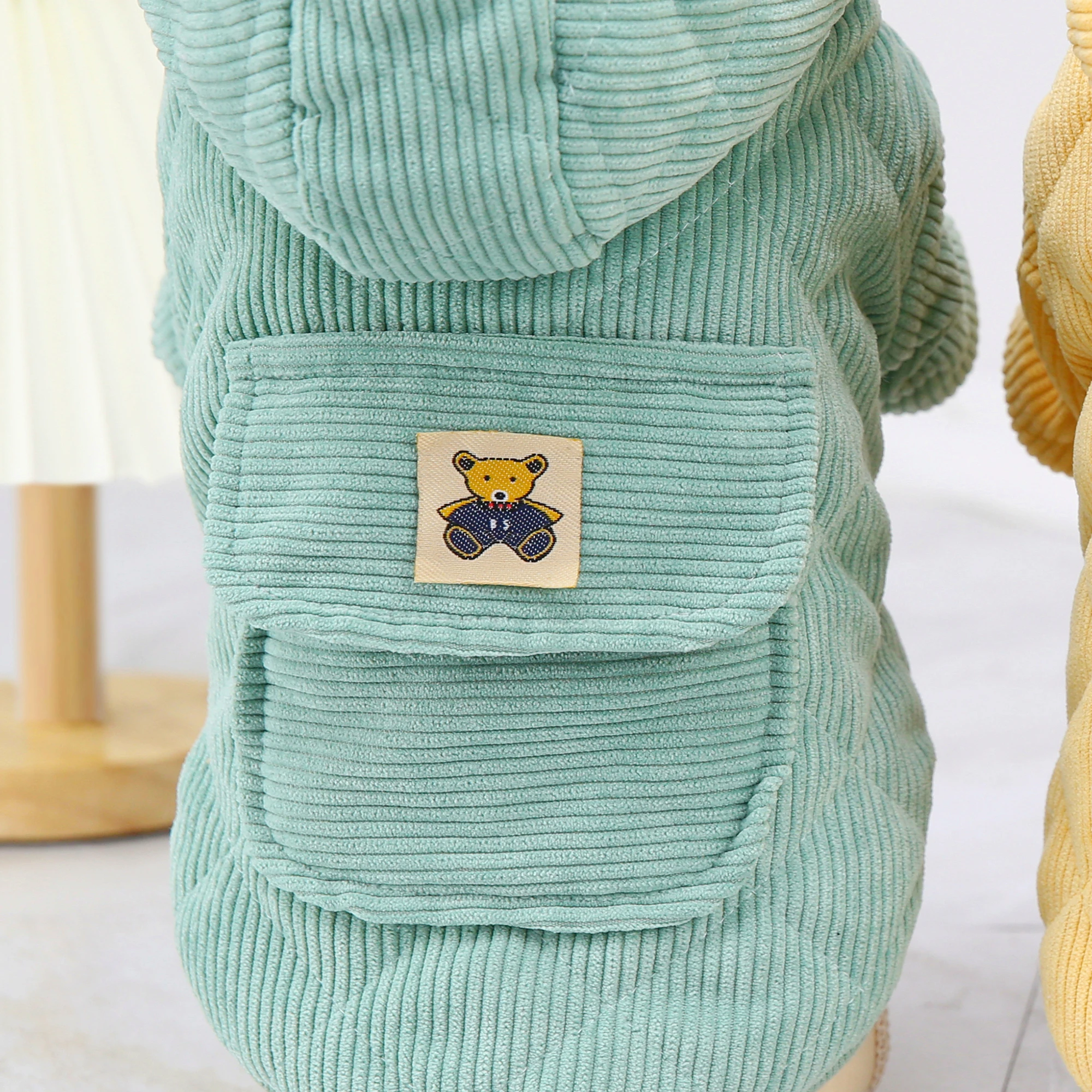 Corduroy two legged cotton pet coat jacket green yellow cotton hoodie with pocket coats for dogs cats in winter