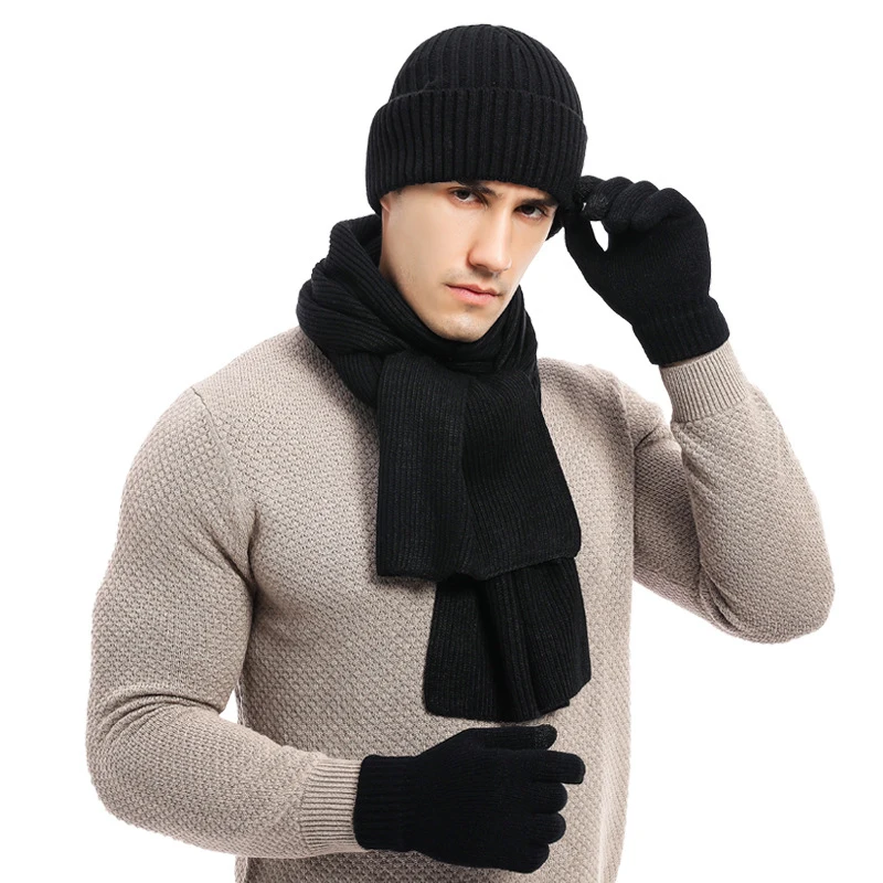 Soft Thicken Ski Hat Men Warm Hats Neck Warm Winter Beanie Hat Set Women Men Beanie Knitted Cap Scarf Gloves Set