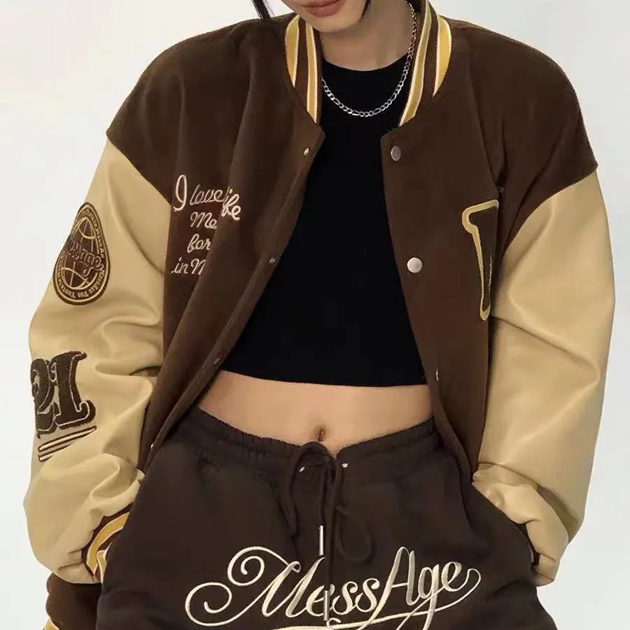 OEM custom winter hooded coat industries flocking bear embroidery crewneck loose varsity jacket for men