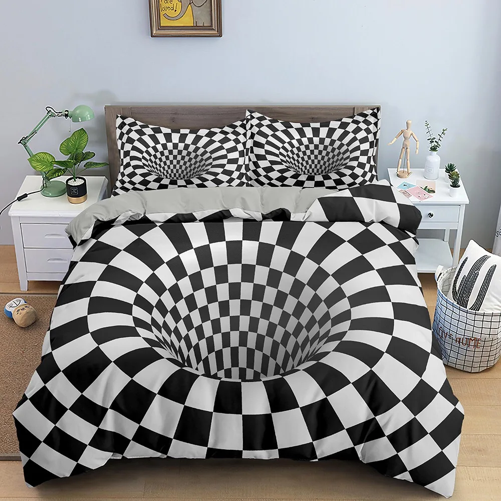 2021 New design 3D pattern digital print Black and white lattice abyss butterfly duvet cover 3pcs bedding set for Bedding Sets