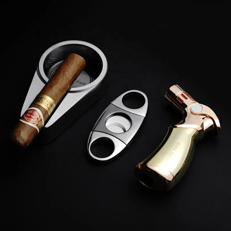 custom logo cigar lighter and cutter black melamine cigar ashtray cigar gift set