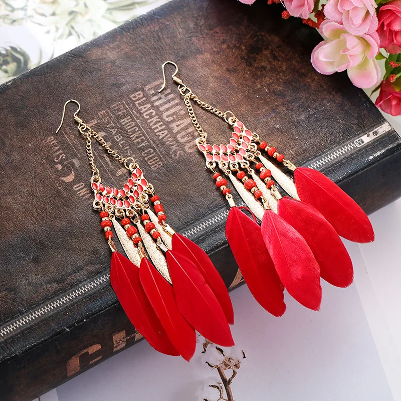 Bohemian Long Colorful Fan-shaped Fringed Feather Seed Beaded Earrings for Female