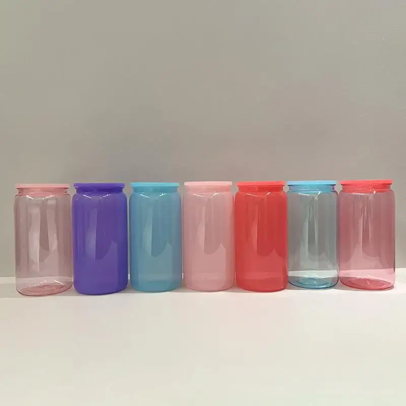 Mixed Colorful Custom 16oz Acrylic Plastic Snow Globe Transparent Beer Soda Libby Cups Jelly Can with Lid and Straw