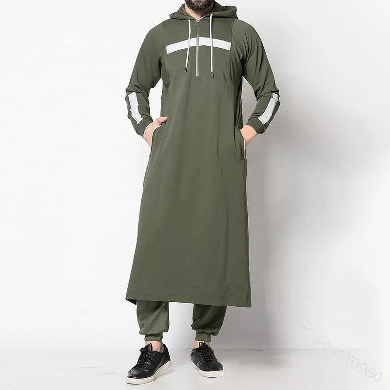 2023 Fashion Trendy  Casual Hoodie Muslim Men Thobe Long Sleeve Splicing Solid Color pullover Islamic Man Jubba For Eid