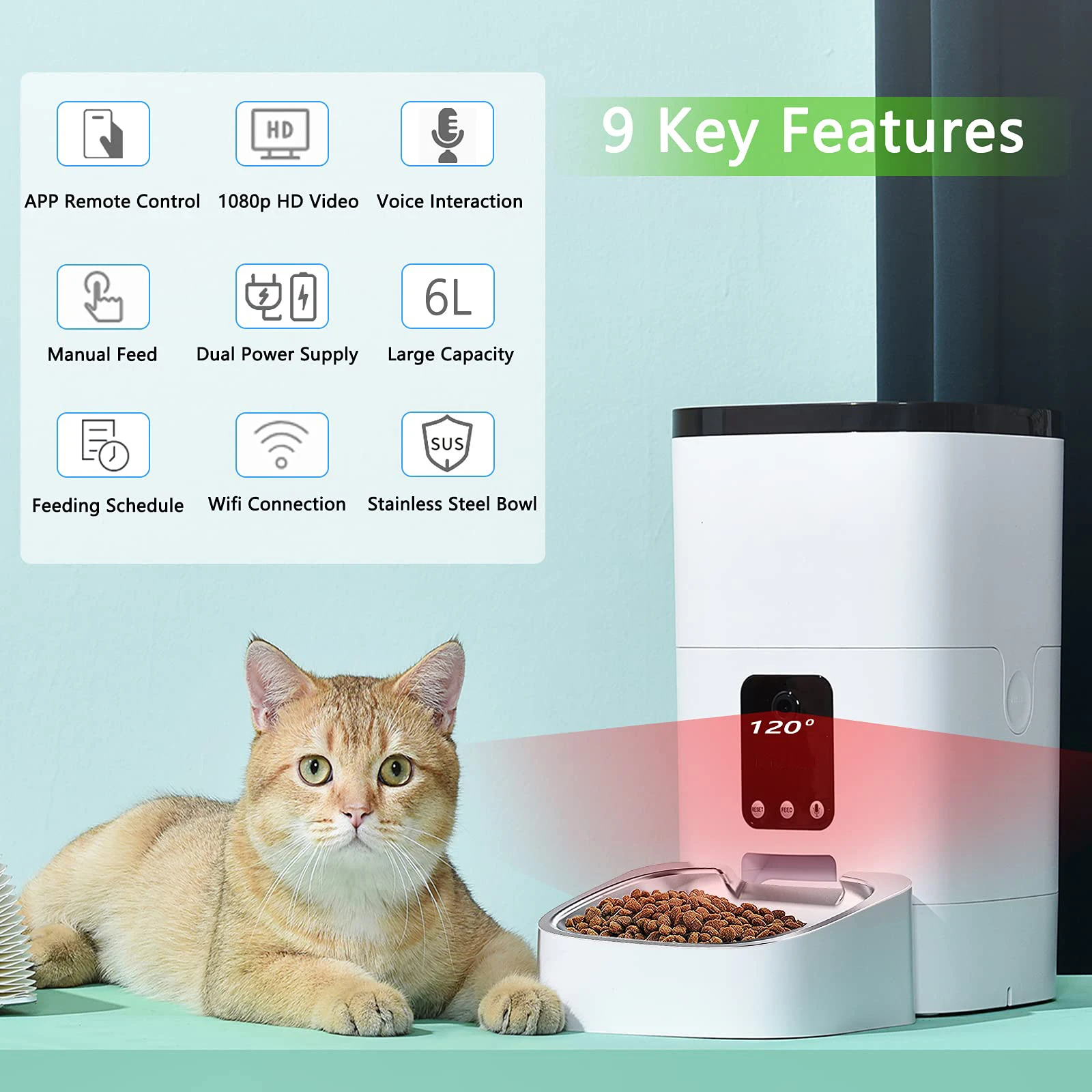 Smart Phone APP Control 2.4G WiFi Enabled 6L Automatic Pet Feeder with HD 1080P Camera