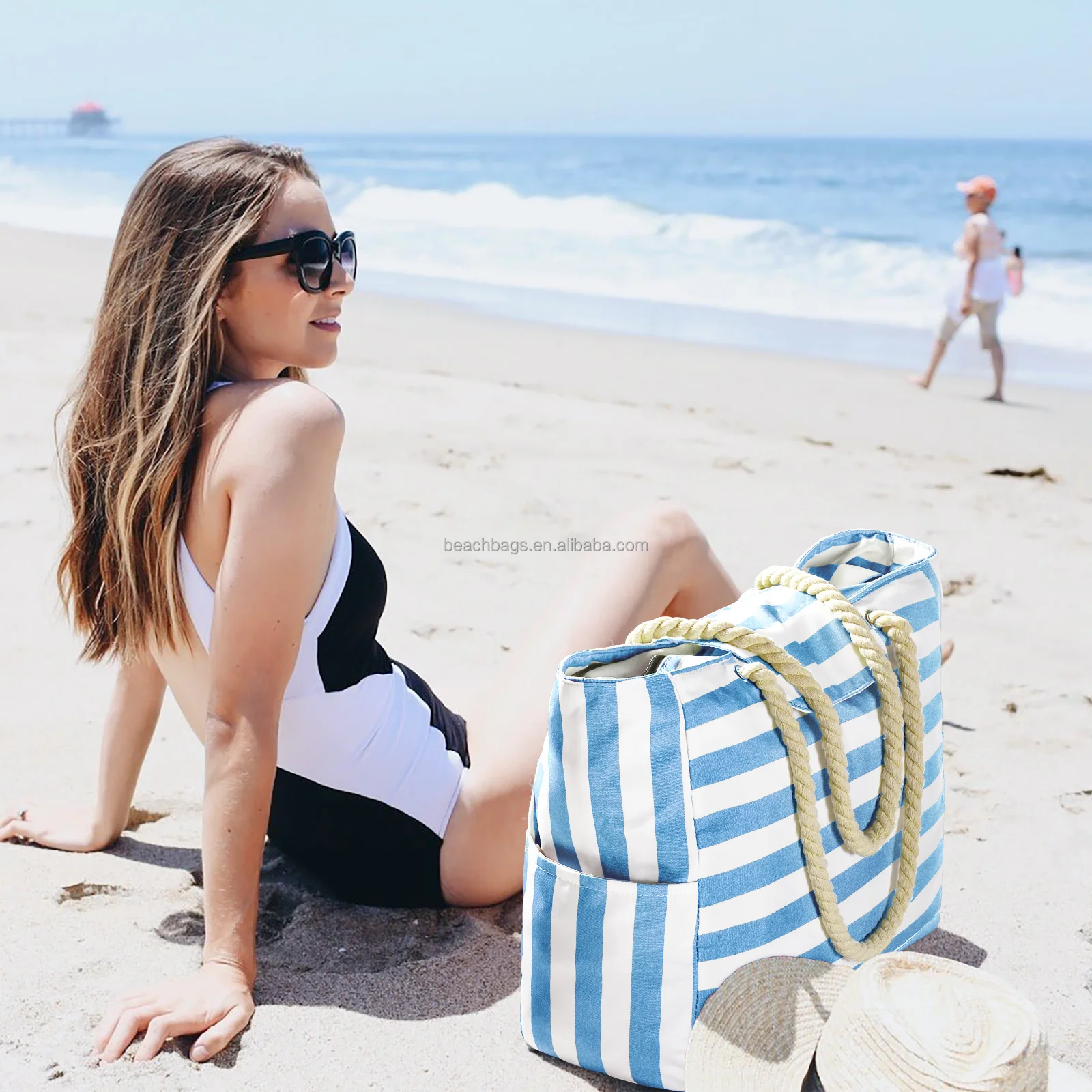 Custom Print Fashion Waterproof Stripe High Quality Beach Tote Bags with Top Magnet Clasp Zipper Shoulder Canvas Beach Bags