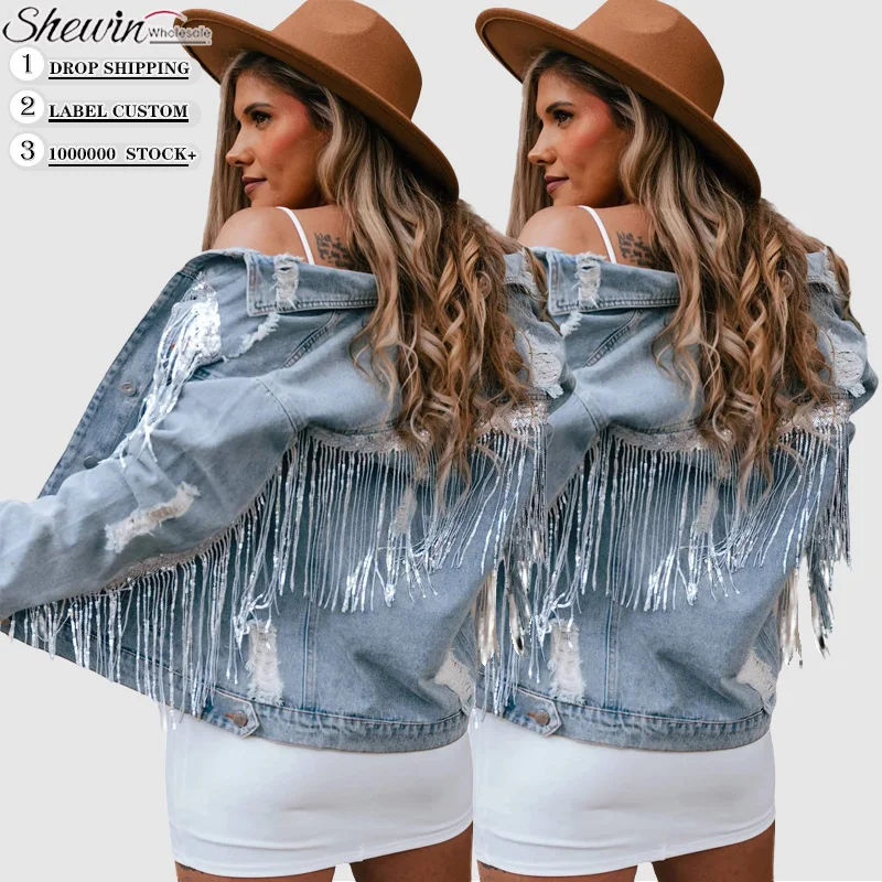 Wholesale Fall Sequin Embellished Fringe Distressed Blue Denim Jean Jackets For Women