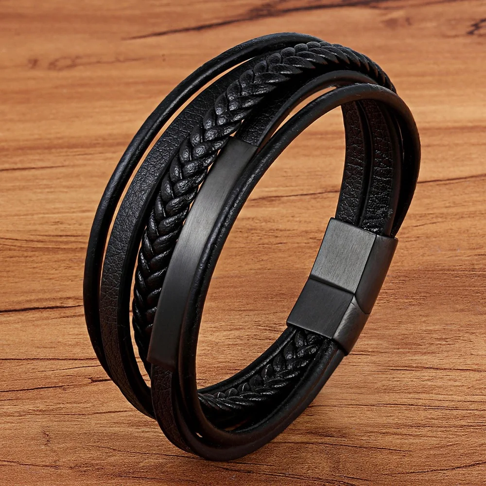HOT Selling Multi Leather Bracelet For Men With Magnetic Clasp Stainless Steel Wristband Plan Bar For Personal Engrave Bracelet
