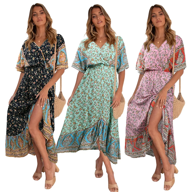 Wholesale womens boutique clothing bohemian short-sleeved floral long maxi casual dress