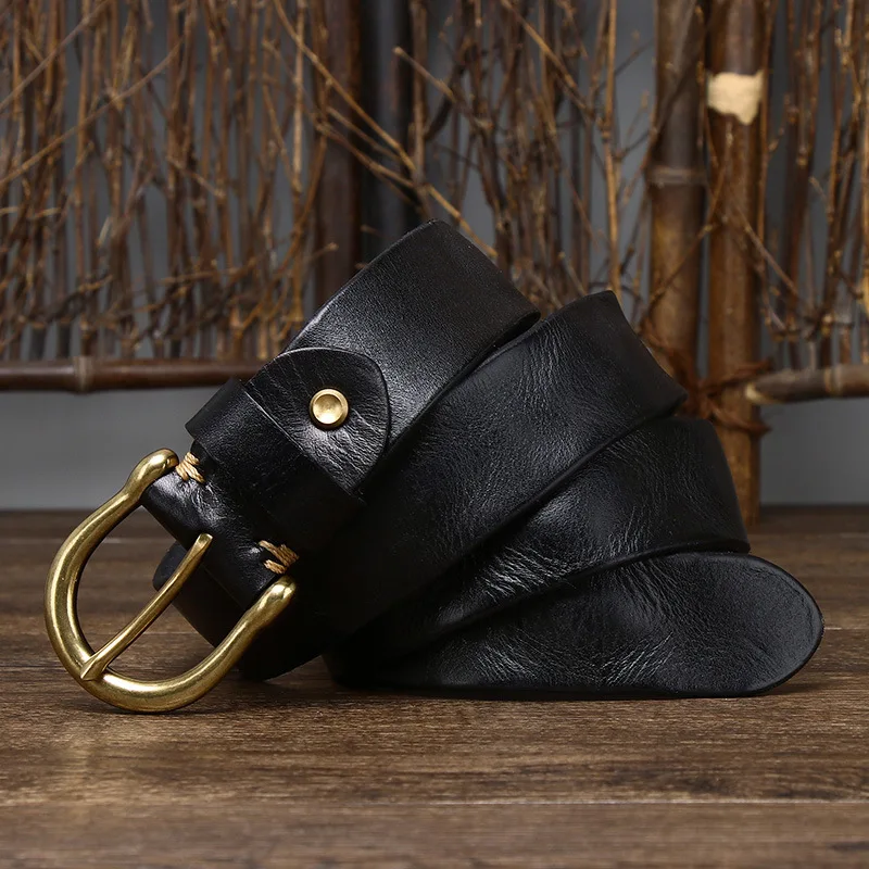 Retro fashion personality trend head layer pure cowhide leather belt male leather copper buckle Korean casual denim belt