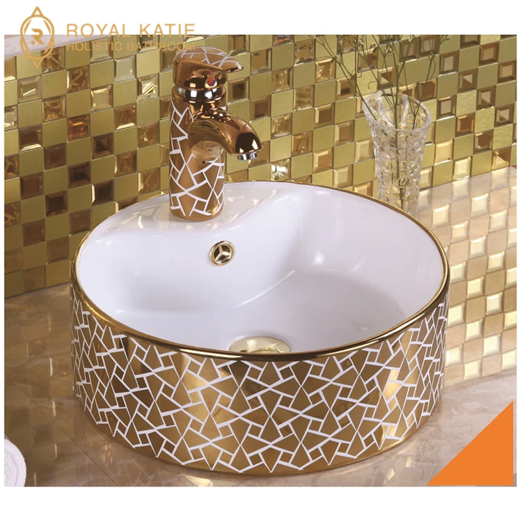 Round Shape Flower Picture Printed Gold Ceramic Bathroom Sink