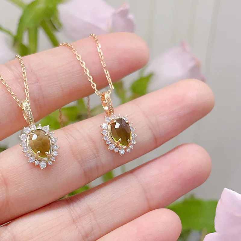 Sun Forest Green Peridot 925 Silver 14K Gold Plated Pave Pendant Necklaces For Women
