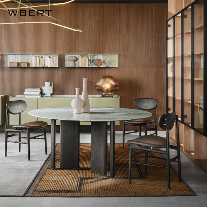 WBERT Modern  Living Room with Rotary Table, Solid Wood Marble Round Table Hotel Restaurant Furniture Minimalist Dining Table