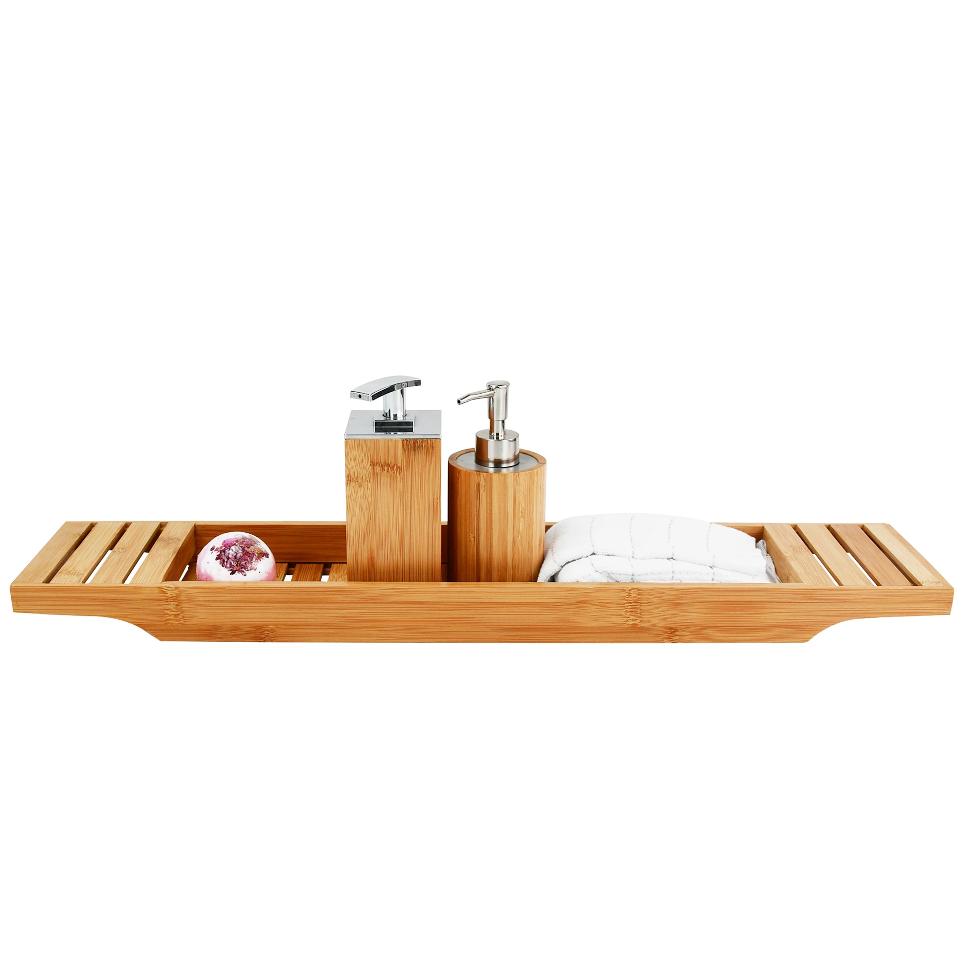 Custom Expandable Bamboo Wooden Bathroom Bathtub Caddy Tray Shower Organizer Display for Book And Phone