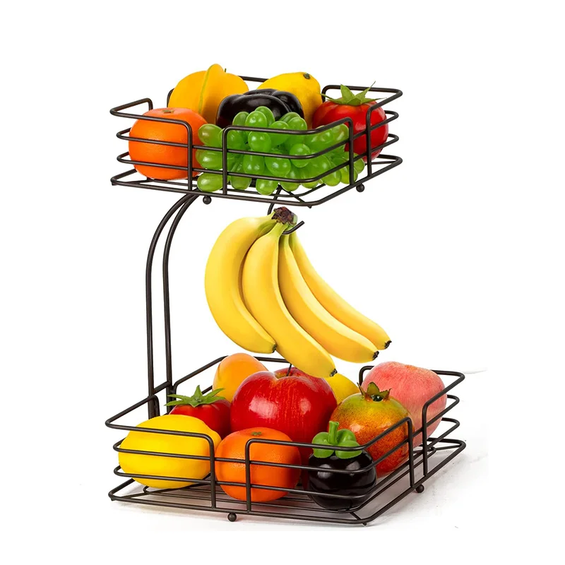 Custom 2-tier Square Countertop Fruit Vegetables Basket Bowl Storage With Banana Hanger Metal Storage Basket