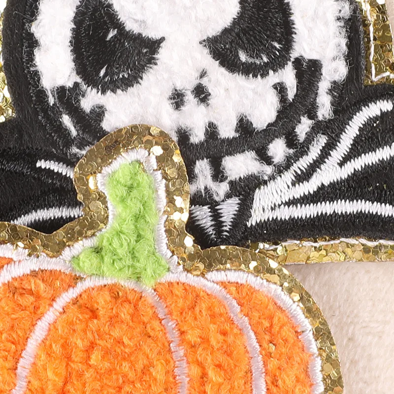 Cheap Custom Halloween Embroidered Pumpkin Skull Embroidery Towel Chenille Patches Applique