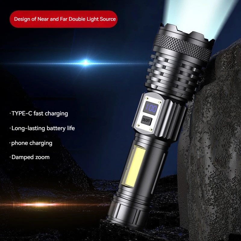 XHP50+COB Side Light High-power High-brightness Flashlight Double Switch TYPE-C Charging Aluminum Alloy flashlight Torch