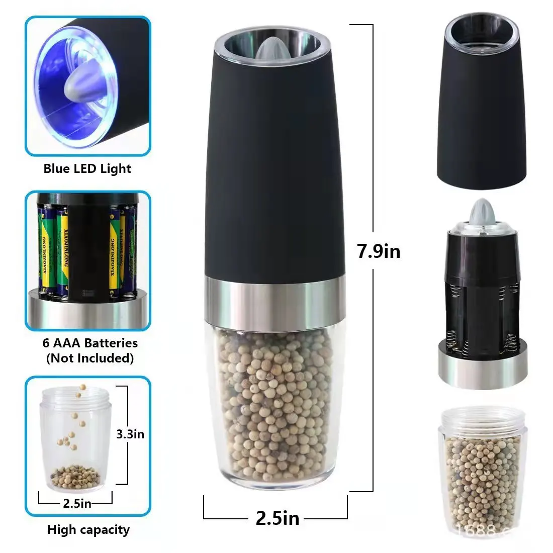 Source Factory Battery Operated  Black Spice Grinder Electric Salt and Pepper Mill With Blue light
