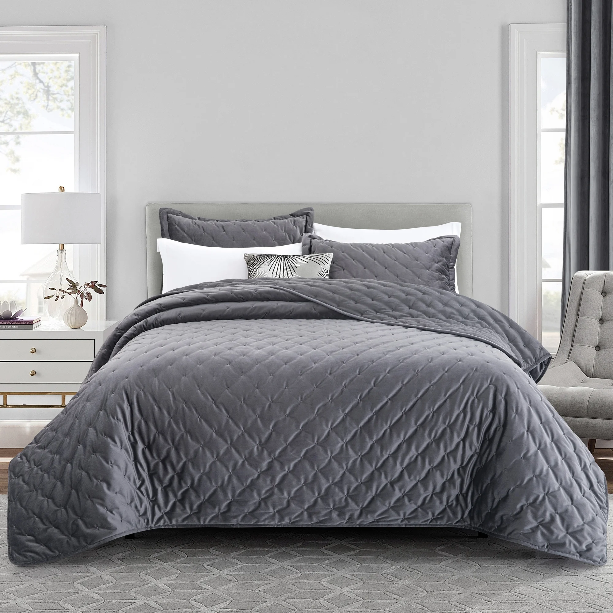 Soft Velvet bedspread and matching curtains dots embroidery quilts bedding bedspreads for living room