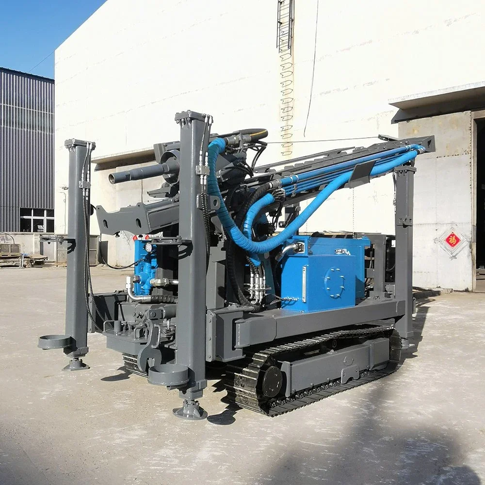 Crawler type 400-500-600m water well drilling rig driven by Portable screw air compressor 30- 35bar fast drilling speed