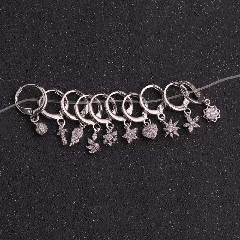 Silver Gold Dainty Hoop With Small Cz Dangle Earring Crystal Cross Flower Star Heart Wing Cartilage Hoop Helix Piercing Earring
