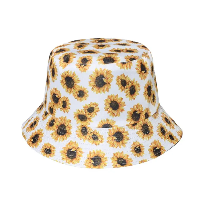 Black Summer Sunflower Print Reversible Fisherman Bucket Hats