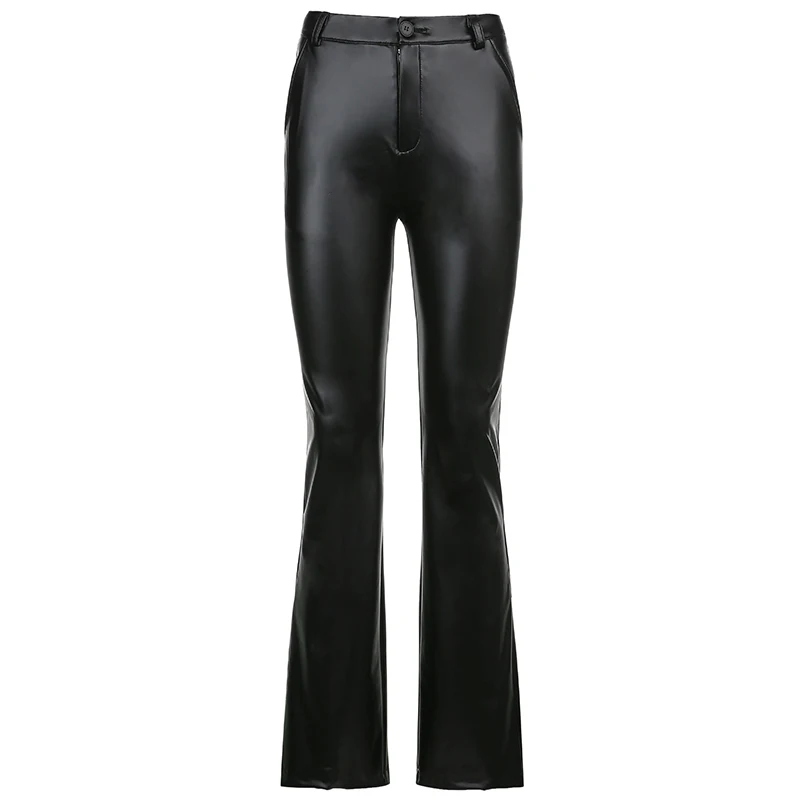 new designs PU faux leather ladies flare pants elastic materials high waist