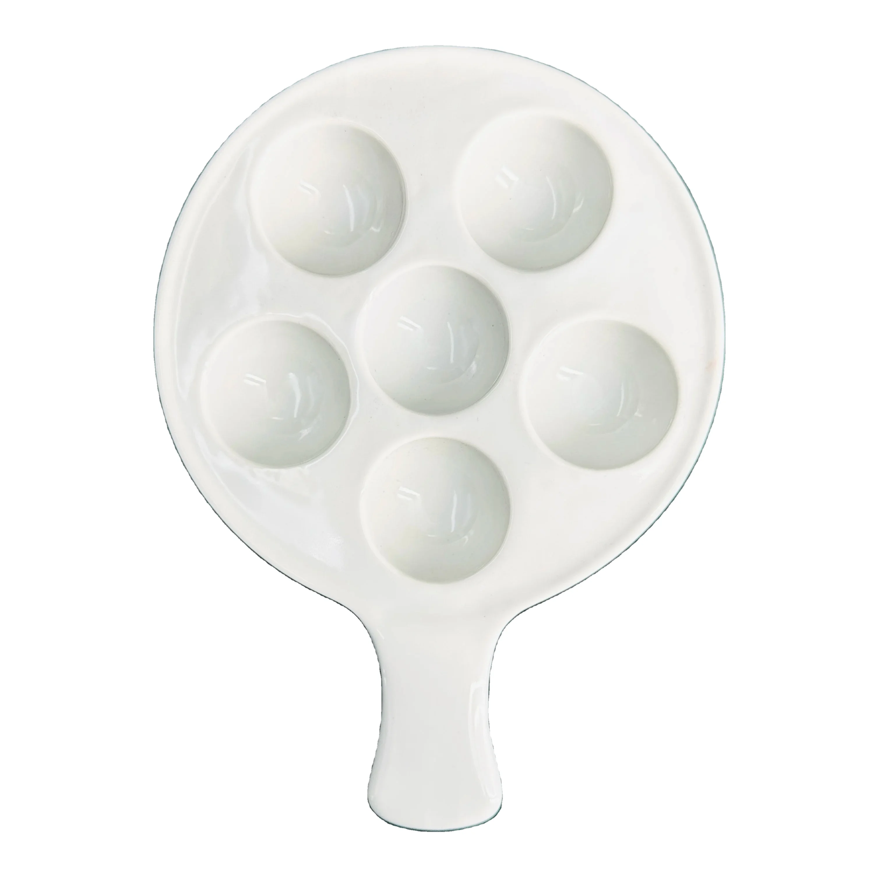 Wholesale Customized Logo Ceramic Escargot Snail Cheese Plates Escargot Baking Plate with Handle 6 Holes Microwave&Oven Safe