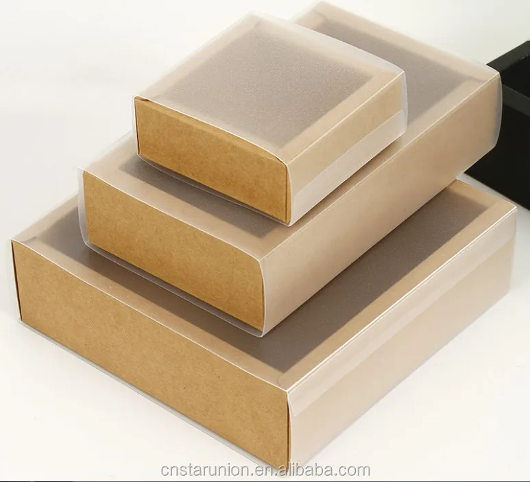 Wholesale Customize Kraft Paper Cardboard Sliding Box with Frosted PVC Sleeve for Cosmetic Soap Flower Gift Packaging Boxes